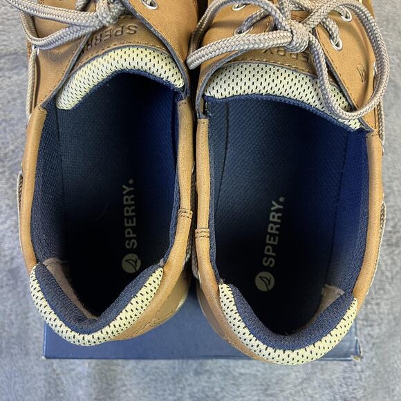 Sperry Lanyard Shoes Mens Size 7 Medium Tan Navy Boat Deck Leather Top-Sider New - Picture 4 of 11